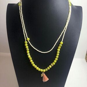 1604  Long Nephrite Jade beaded tassel necklace w/ pineapple charm 38"